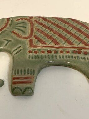 Vintage Hand Painted Ceramic Elephant Trivet Boho Wall Decor Olive Green & Pink